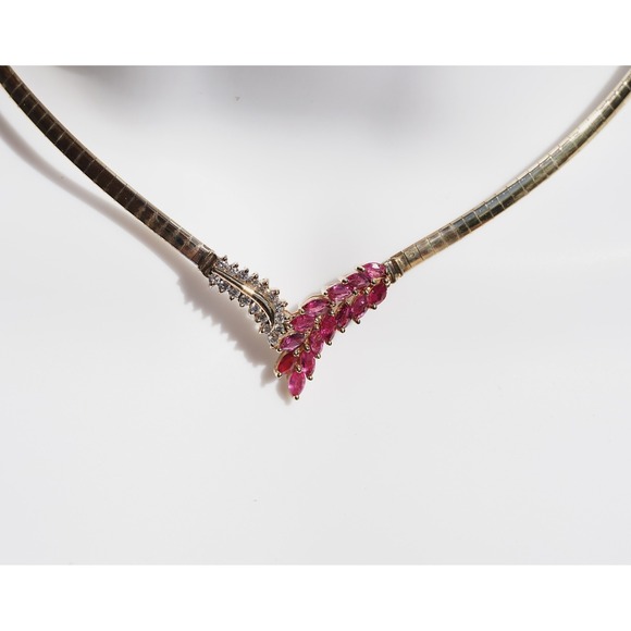 Vintage 14k Solid Gold Omega Natural Marque Ruby & Diamond Necklace Pave Cluster - Picture 4 of 7